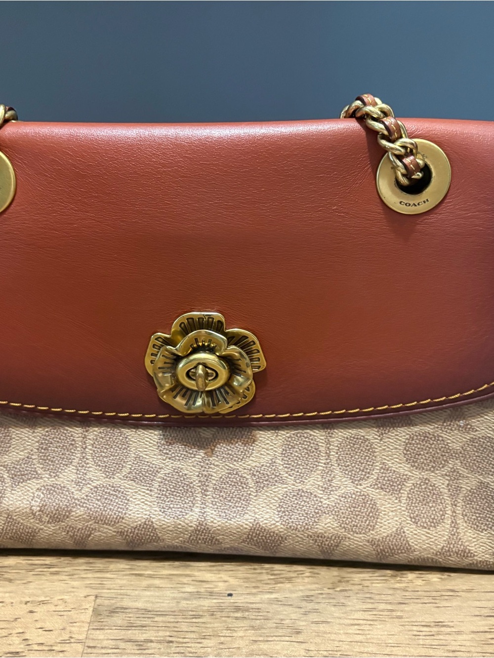 Coach Brown/Cream Signature Leather Shoulder Bag with Floral Turn Lock
